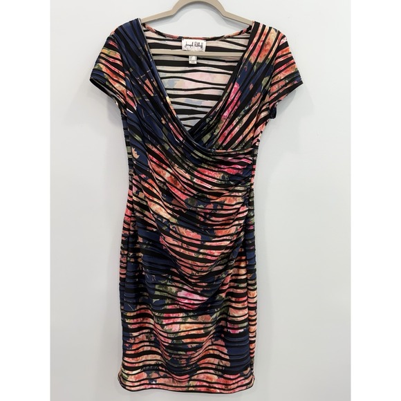 Joseph Ribkoff Dresses & Skirts - Joseph Ribkoff 6 Abstract Floral Stripe Ruched Draped Dress Short Sleeve V-Neck